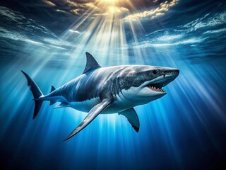 Obraz premium Prehistoric Megalodon Shark Near Ocean Surface - Deep Blue Sea Stock Photo