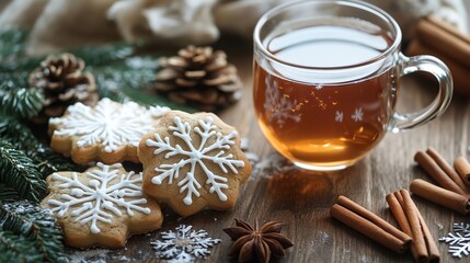 Fototapeta premium Christmas Tea and Gingerbread Cookies on a Wooden Table
