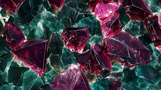A vibrant close-up of colorful Ruby Zoisite gemstones, featuring deep red and green crystals with intricate facets and reflections, creating a rich texture and depth.