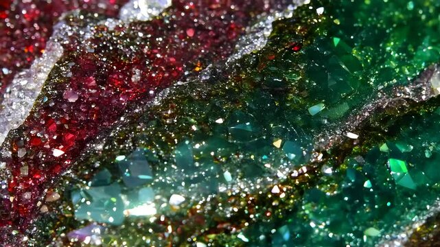 Close-up of colorful Ruby Zoisite gemstone crystals with red, green, and white hues, sparkling under light.