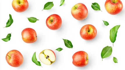 Apple Arrangement: A vibrant collection of ripe red apples and fresh green leaves arranged creating a visually appealing composition. Capturing freshness and natural goodness.
