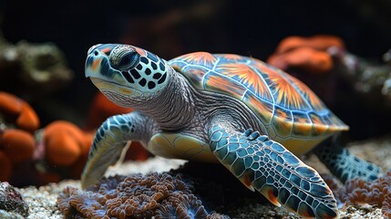 Fototapeta premium Colorful sea turtle swimming gracefully among vibrant coral reef