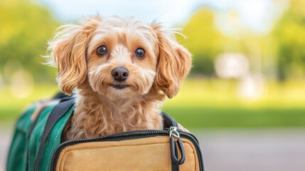 Pet Travel Carrier Concept, Small dog looking out from travel tote in park during sunny day, enjoying outdoor adventure with owner