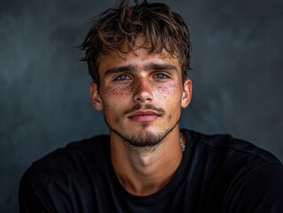 Obraz premium A close-up portrait of a young man with freckles, short tousled hair, and a serious expression, set against a dark background.