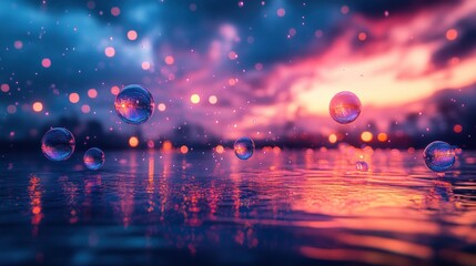 Colorful soap bubbles floating over water at sunset, dramatic sky reflected in surface