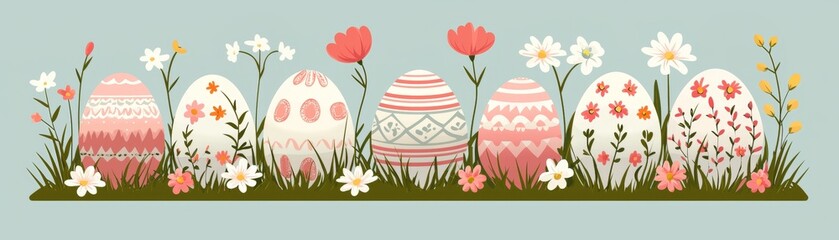 Festive Easter Eggs in Green Grass with Spring Wildflowers, Blue Background