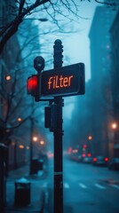 A Moody, Atmospheric Urban Scene Capturing a Foggy Street with an Illuminated Street Light and a Focus on the Intriguing "Filter" Sign