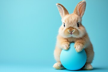 Obraz premium Brown Rabbit with Easter Egg, Isolated on Blue Background