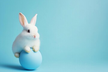 Obraz premium White Rabbit Sitting on Easter Egg, Isolated on Blue Background