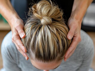 Naklejka premium A close-up view of a person's hair in a bun, with hands gently massaging their scalp, suggesting relaxation and wellness.