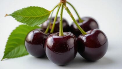 Dark red, juicy cherries with green leaves on a white background, showing their fresh, ripe appearance