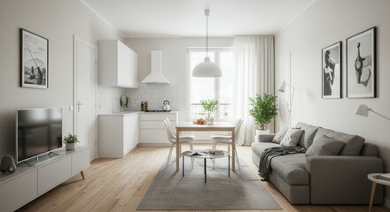 Fototapeta premium Modern Apartment Interior with Open Kitchen and Living Room Design