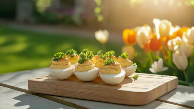 Perfectly prepared deviled eggs, spiced and topped with parsley, make an irresistible springtime appetizer.