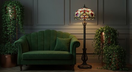 Elegant Living Room with Green Sofa Tiffany Lamp and Lush Plants