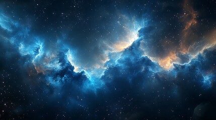 Fototapeta premium Celestial dance of nebulae, a cosmic ballet of blue and gold hues across a star-dusted canvas.