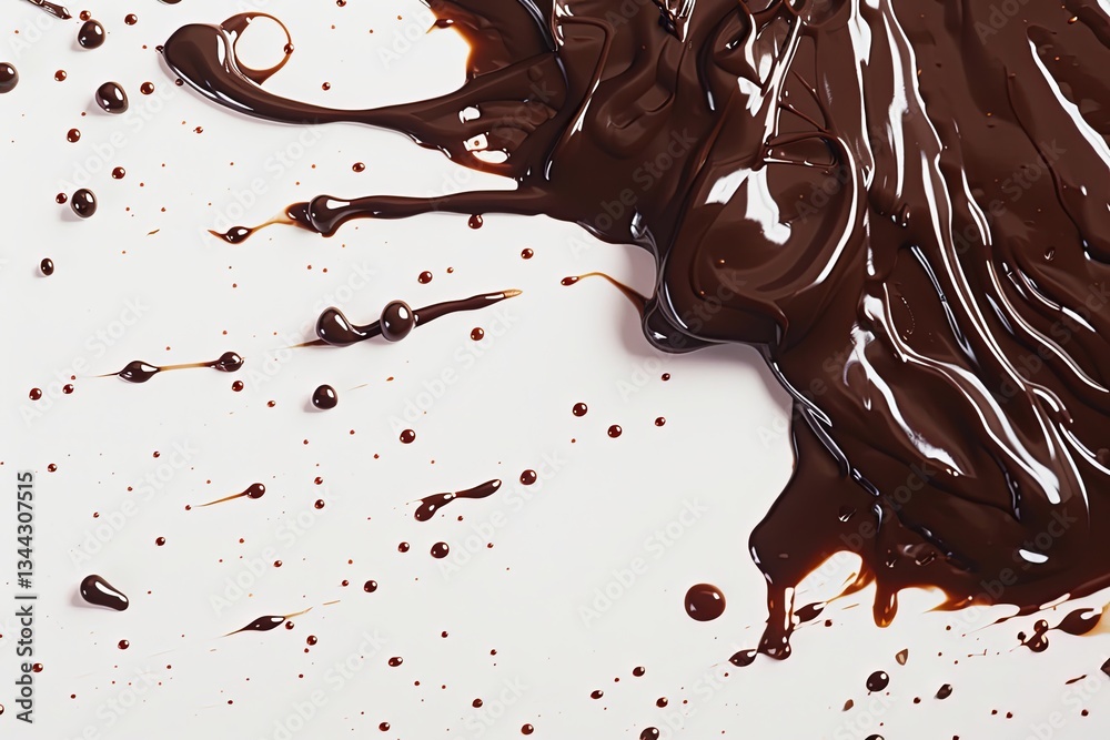 Poster rich dark chocolate droplets flowing over a smooth white background creating a glossy texture genera