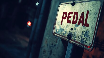 Close-Up of a Worn Sign with the Word "PEDAL" Displayed in Bold Red Letters, Featuring a Dimly Lit Urban Background with a Single Blurred Red Light