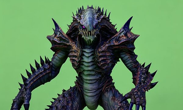 Green screen video frame of a giant monster roaring with powerful movements on a solid green background for visual effects work