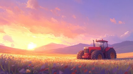 Fototapeta premium A vibrant sunset over a tranquil field with a red tractor, symbolizing rural life and agriculture