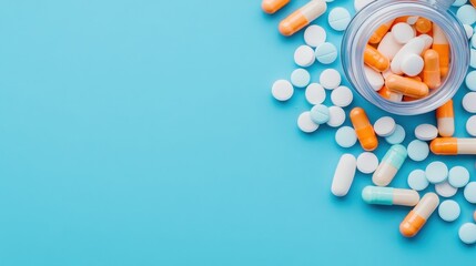 Pharmaceutical pills, tablets, and capsules cascading from glass jar onto vivid blue surface, representing medical treatment and healthcare variety