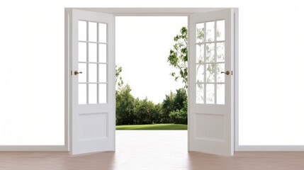 Fototapeta premium White wooden double doors revealing lush garden landscape, symbolizing fresh possibilities, growth, and natural harmony between indoor and outdoor environments