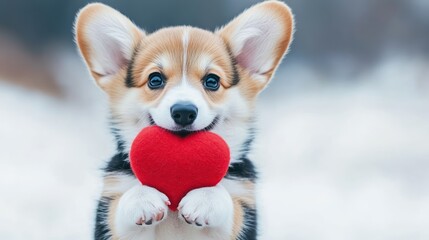 Puppy holds heart, snowy park, Valentine's