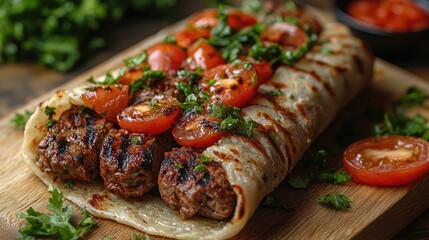 Grilled kebab wrap with fresh tomatoes and herbs on a wooden board