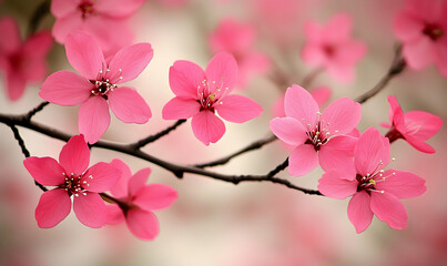 Naklejka premium Delicate pink blossoms on a branch, springtime floral beauty, close-up shot of flowers in bloom.