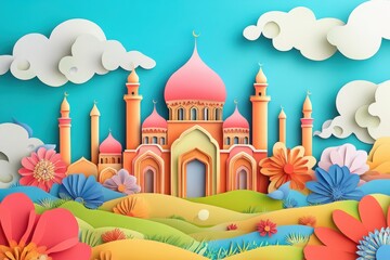 Colorful paper cut style illustration of a mosque with flowers and clouds against a blue background