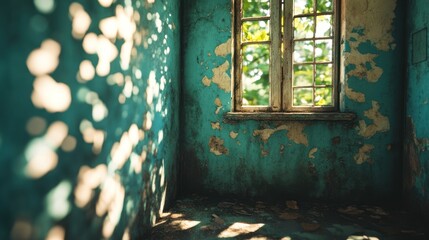 Sunlit corner of a decaying room with a window overlooking a leafy garden