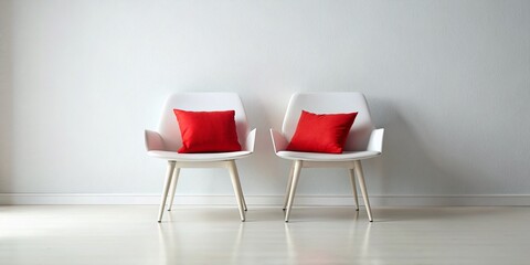 Obraz premium Red Pillow White Chairs Minimalist Interior Design Stock Photo