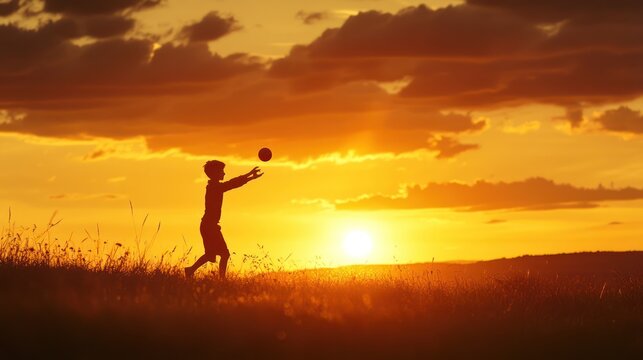 Boy tosses ball sunset field