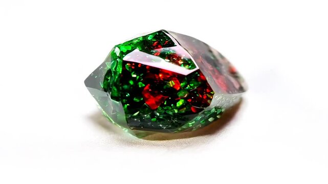 A stunning, multifaceted Ruby Zoisite gemstone displaying vibrant green and red colors, with a unique crystalline structure. The gem sparkles under light, showcasing its intricate details.