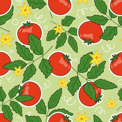 Juicy fresh cherry tomatoes with leaves and flowers. Seamless vector pattern for summer kitchen textile collection