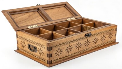 Wooden Box with Compartments and Carving