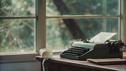 Vintage Typewriter with an Unfinished Poem in a Sunlit Forest Study. Perfect for: Autumn, Writer’s Retreat, Creativity, Cozy Living, Nostalgia