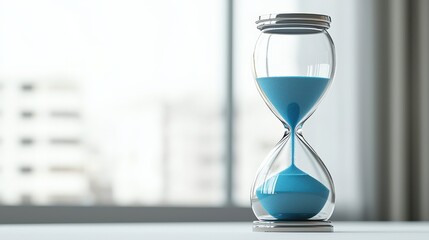 A sleek hourglass filled with blue sand is showcased against a soft-focus background, symbolizing the passage of time and elegance.