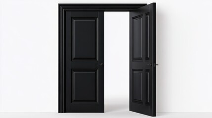 Black double doors standing ajar against white wall, hinting at hidden narratives within minimalist architectural space, embodying elegant design potential and visual intrigue