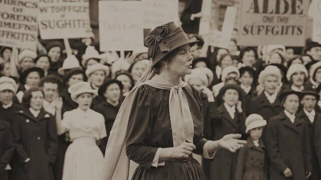 Women’s Suffrage Movement in Early 20th Century: A Passionate Female Leader Addresses a Large Crowd of Supporters During a Protest Rally