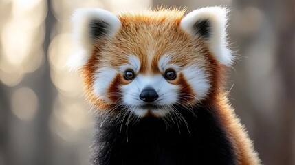 A cute red and white panda bear is looking at the camera
