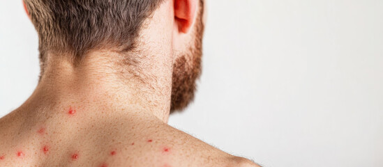 Close-up of a man's back and neck with multiple red, inflamed skin lesions. The irritated spots suggest a rash, allergic reaction, acne, or pimples against a neutral background.
