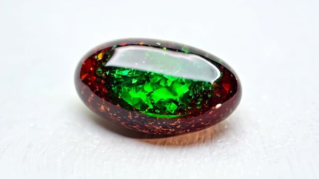 A polished oval Ruby Zoisite gemstone displaying a vibrant mix of red and green colors, with a glossy surface reflecting light.