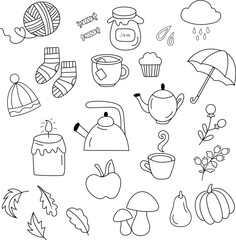 Doodle set of fall elements in black and white outline style. Includes teapot, cup, apple, pumpkin, leaves, hat, jam, umbrella, mushrooms and other seasonal symbols
