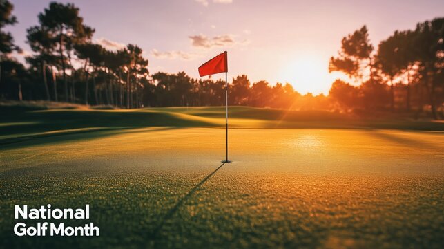 National Golf Month: Sunset on the Green, Celebrate the Sport, National Golf Month – Stunning Golf Course Sunset with Flag on Green - Powered by Adobe