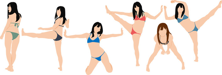 ポーズをとる水着を着た女性のイラストセット