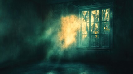 Abandoned room, misty window, sunlight through trees, background scene