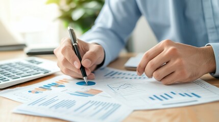 Analyzing the Data: An individual meticulously examines financial reports and data charts, employing a pen to pinpoint critical trends and patterns, indicative of insightful data analysis.