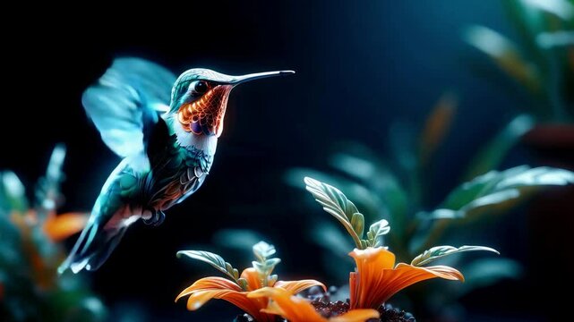 bright hummingbird bird over a flower on a dark background