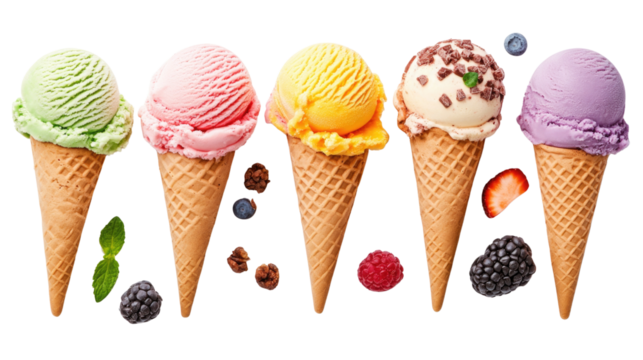 Five colorful ice cream cones are arranged in a row, showcasing flavors like mint, strawberry, lemon, chocolate, and blueberry, accompanied by fresh berries and mint leaves