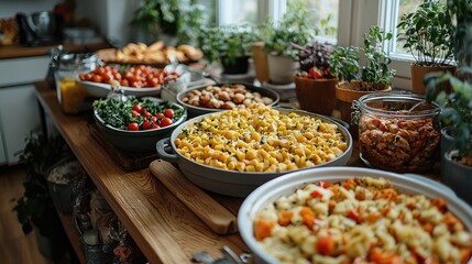 Obraz premium Colorful spread of various pasta dishes and fresh vegetables in a cozy kitchen